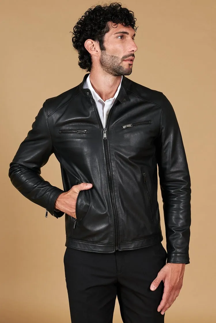 Image of Giacca in pelle nera nappa effetto liscio