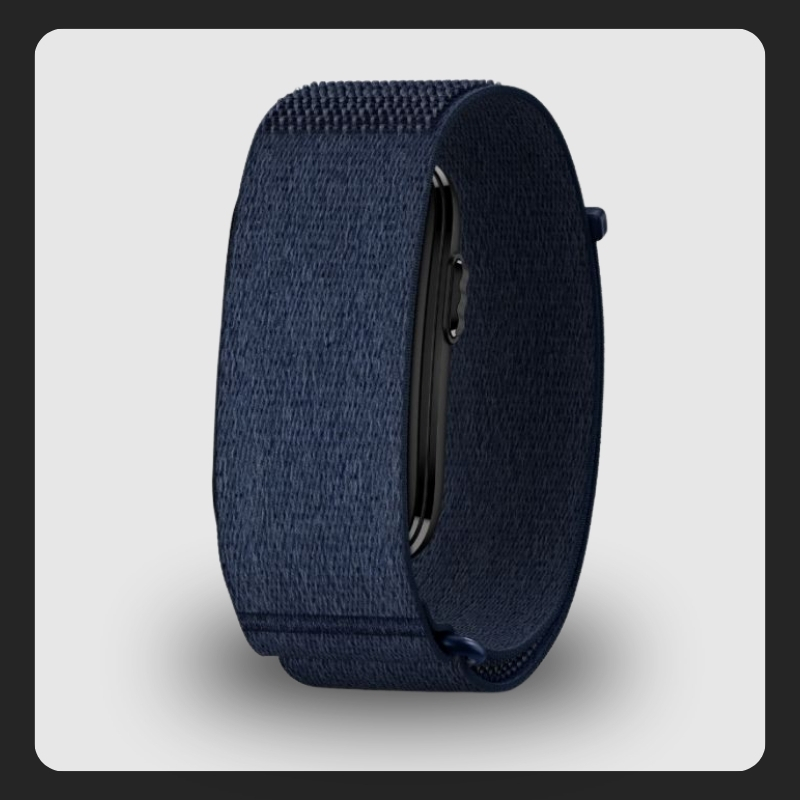 Navy-blue woven fabric loop strap for smartwatch, side view showing slim case and concealed clasp