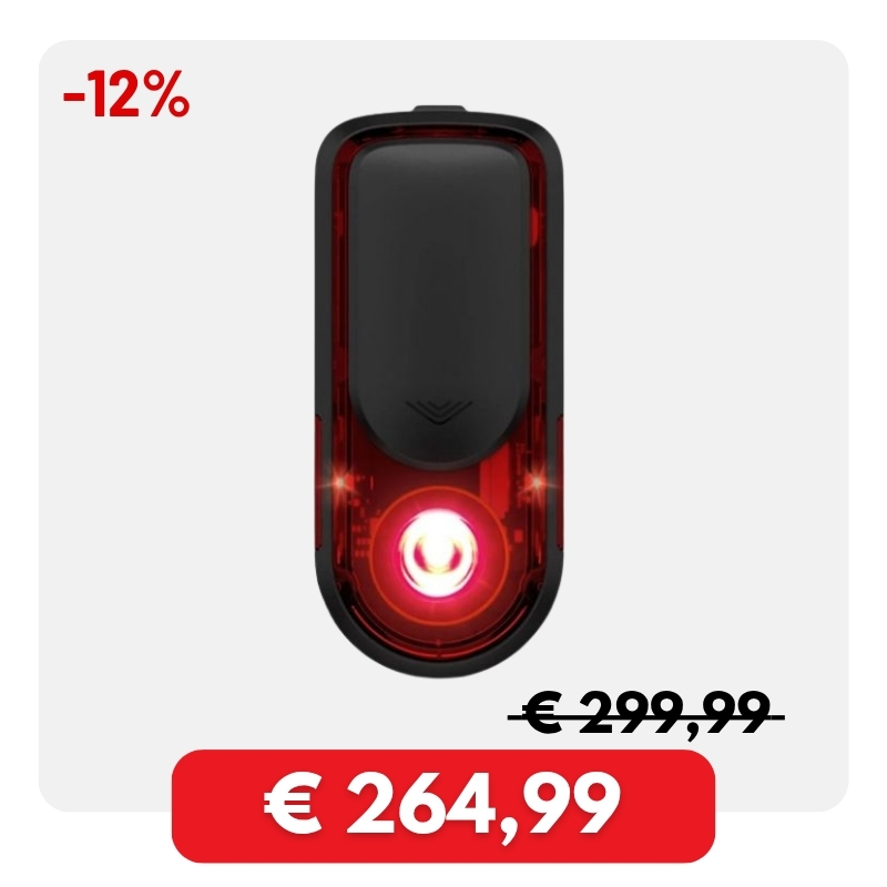 Compact rechargeable rear bicycle light with bright circular red LED in black housing, sale price shown