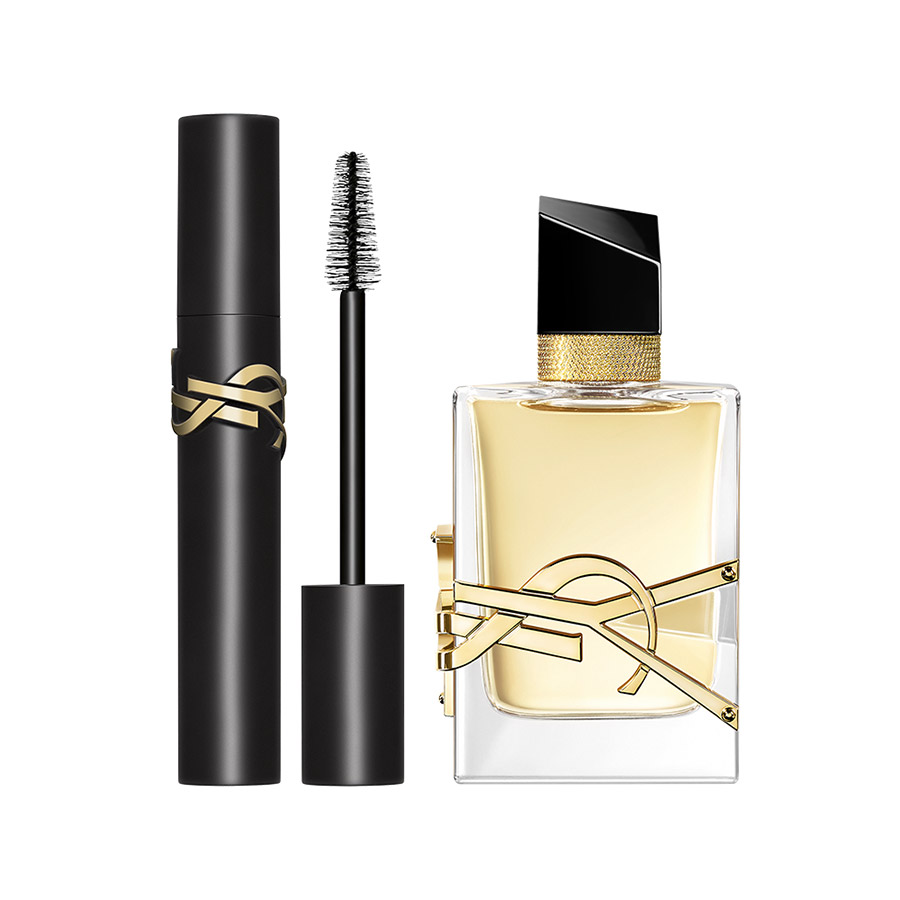 Un mascara nero YSL Lash Clash accanto a un flacone dorato di Libre Eau de Parfum.