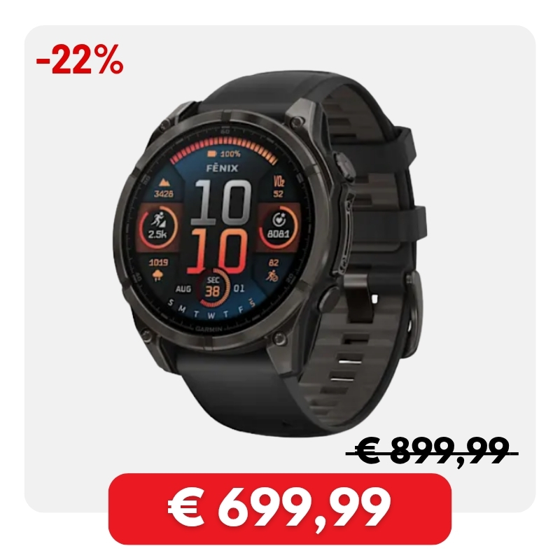 Black Garmin Fenix multisport GPS smartwatch with digital display, sale badge -22% and discounted price €699,99