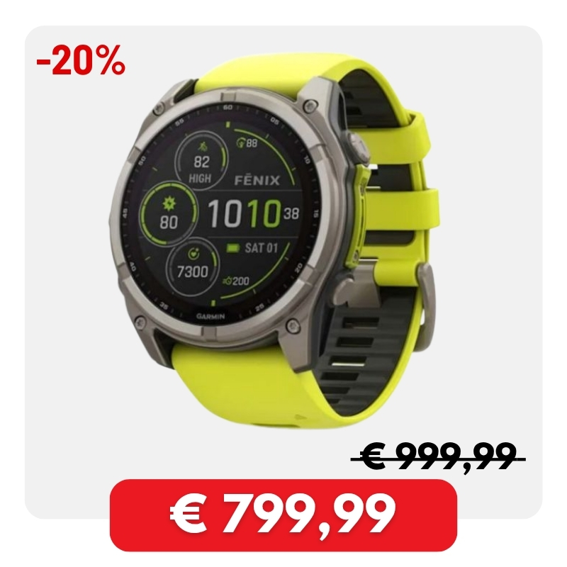 Garmin Fenix multisport smartwatch with neon yellow strap and fitness display, sale −20% now €799.99 (was €999.99)