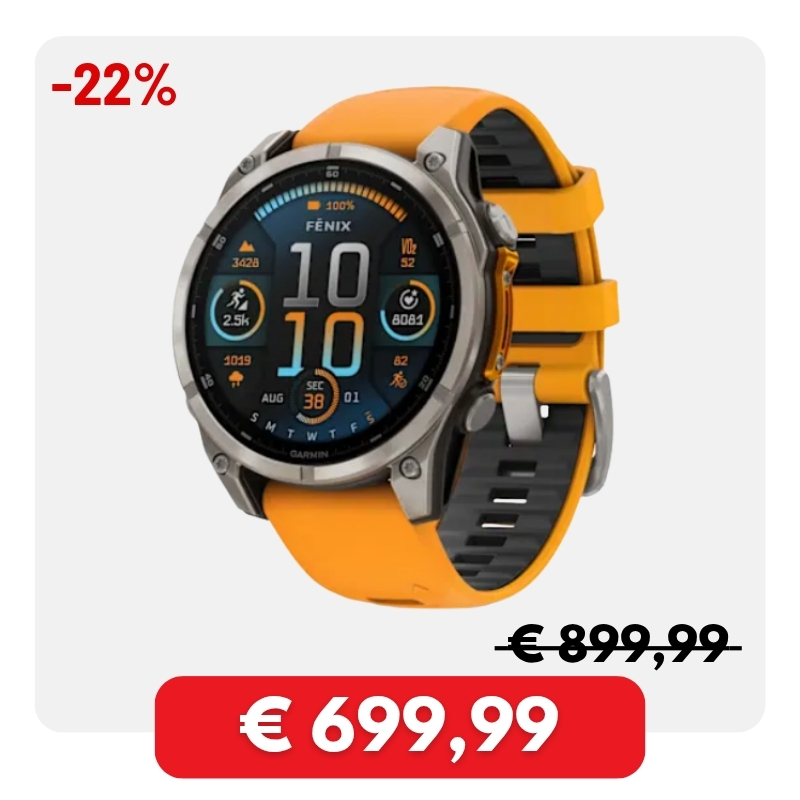Garmin Fenix multisport smartwatch with bright orange silicone strap and round display, shown with 22% discount and sale price €699,99
