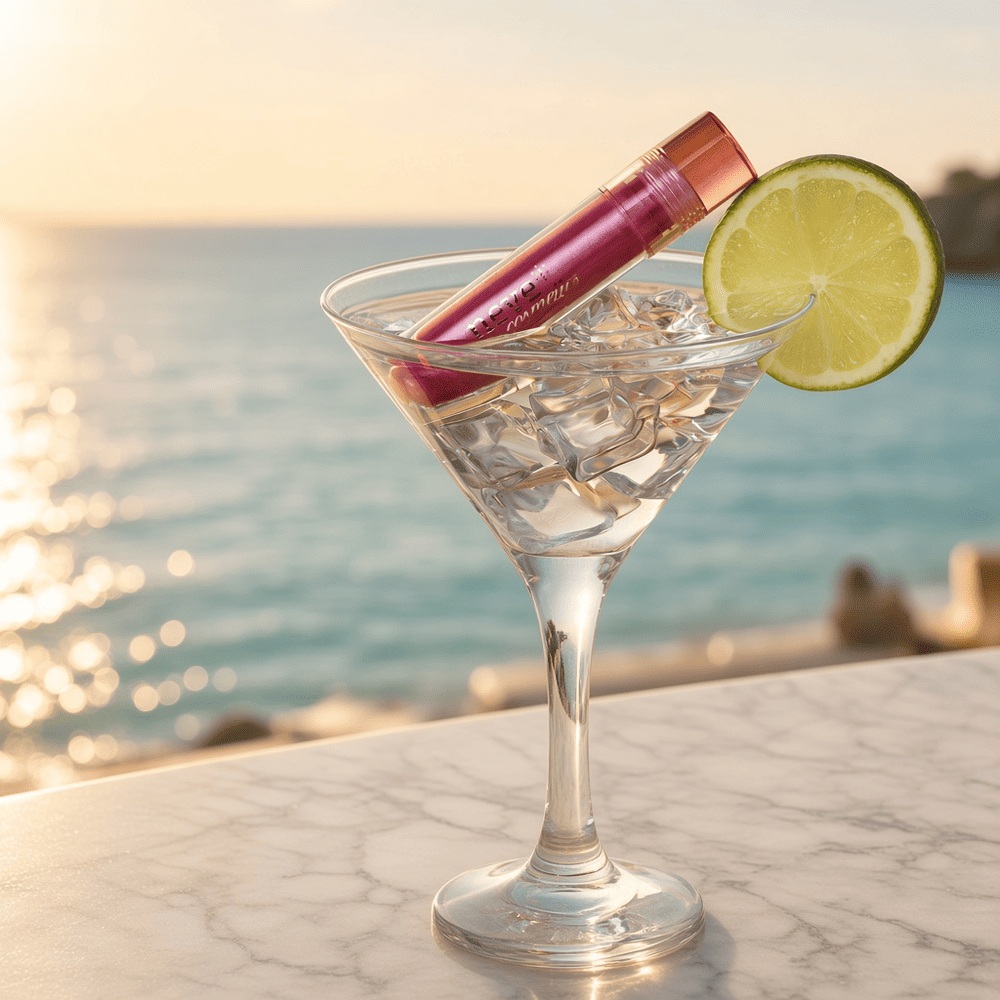Pink lip gloss tube resting on ice in a martini glass garnished with lime, seaside sunset background