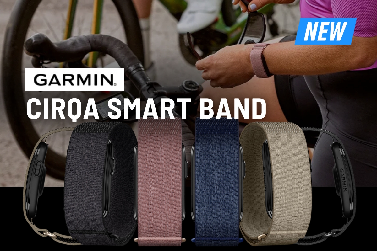 Garmin CIRQa smart bands in black, pink, blue and beige displayed fronted by cyclist handling handlebars, new label