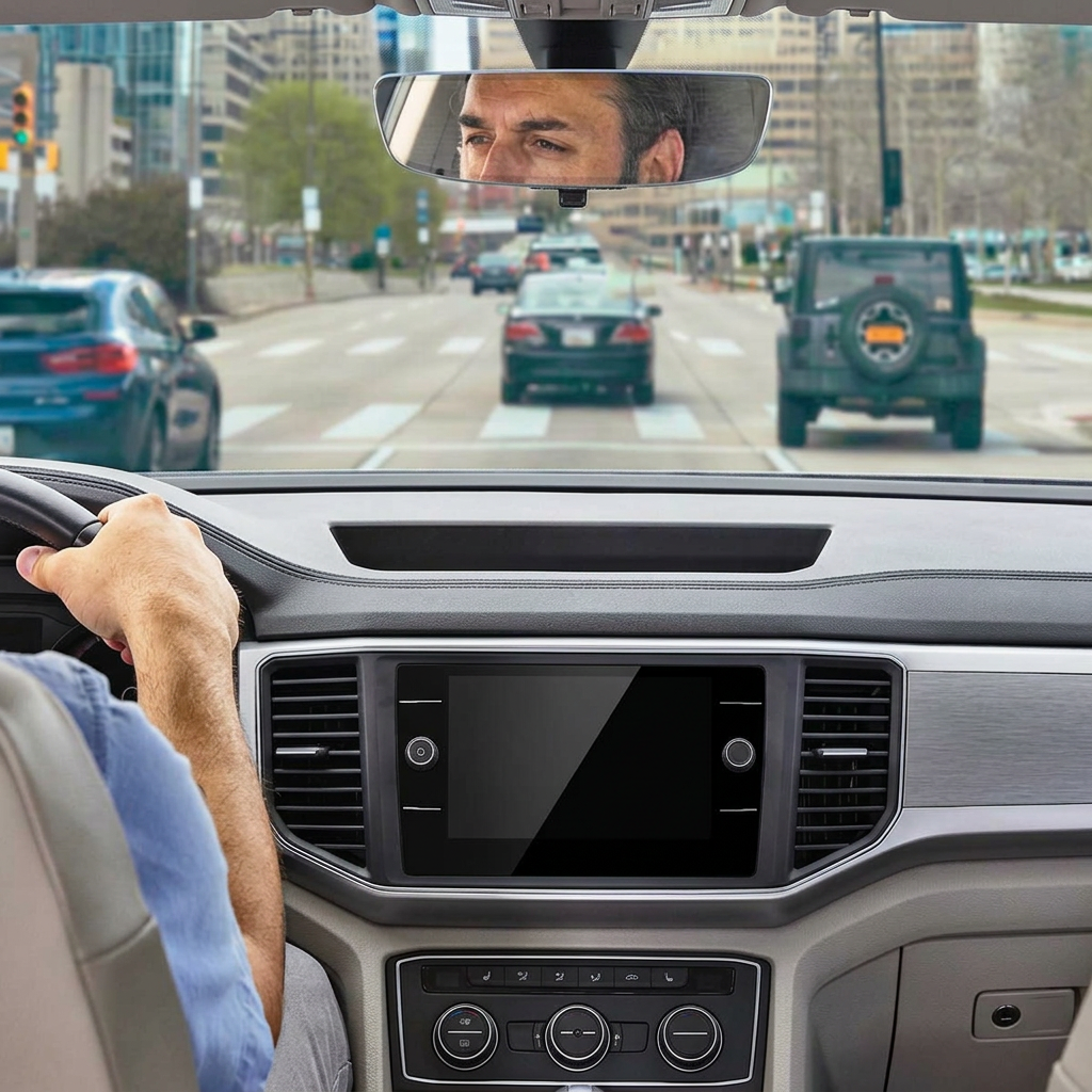 Interno auto con volante e strada