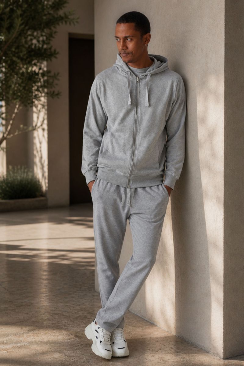 Set Felpa con Cappuccio e Zip + Joggers Grigio Chiaro Melange