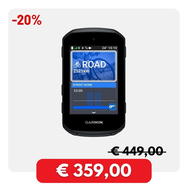 Garmin cycling GPS computer showing Road mode and sprint workout on screen, 20% off with reduced price €359,00