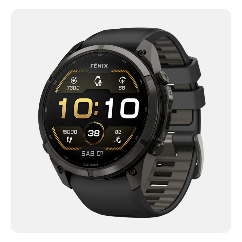 Garmin Fenix multisport GPS smartwatch in black with round touchscreen displaying time, steps, heart rate and activity stats