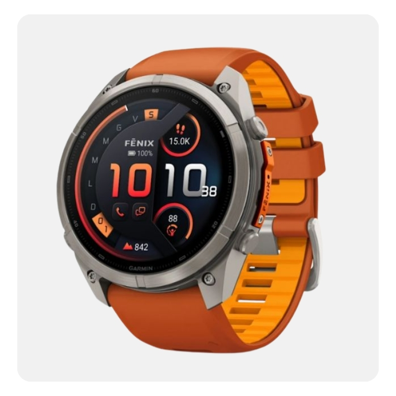Garmin Fenix GPS smartwatch with silver bezel and orange strap, digital display showing time and fitness metrics