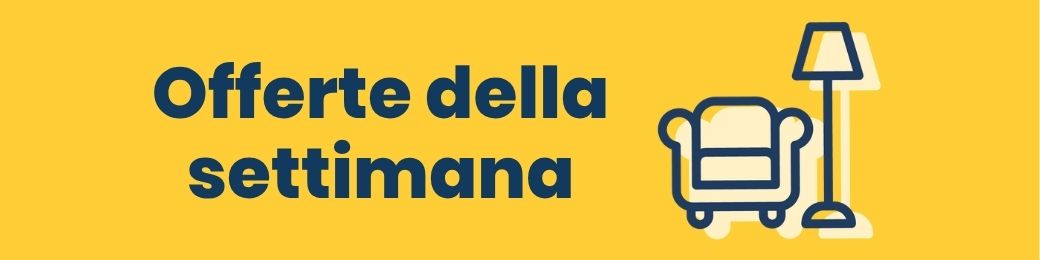 Weekly deals banner showing Italian text 'Offerte della settimana' on yellow background with armchair and floor lamp icons