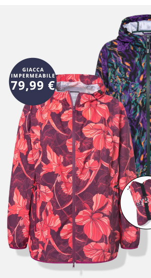 Giacca impermeabile con motivo floreale in rosso e viola