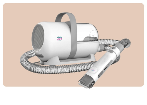 White EasyPet professional pet grooming dryer with flexible hose and detachable trimmer nozzle on a beige background
