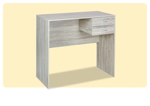 Compact light oak desk with two drawers and open shelf, modern small study or dressing table for home office