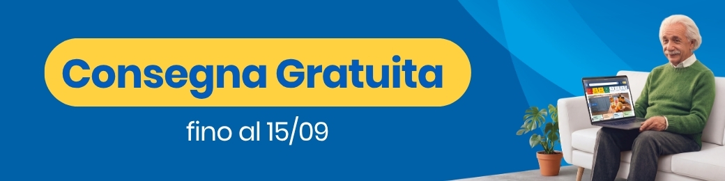 Older man on sofa with laptop and plant, promo banner reading "Consegna Gratuita fino al 15/09" (free delivery until 15 Sept)
