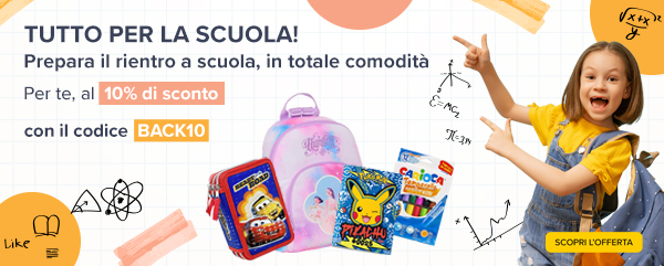 Tutto per la scuola! Scopri la nostra selezione di zaini, quaderni, astucci e tanto altro con il 10% di sconto extra. Usa il codice BACK10 e prepara il rientro a scuola in totale comodità