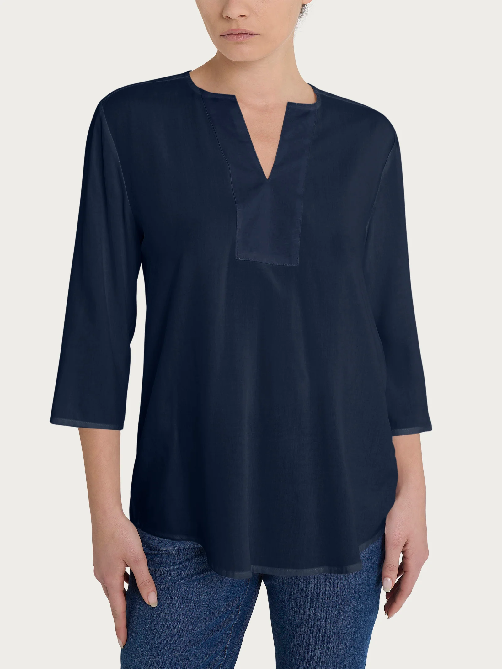 Image of Blusa con scollo a V e manica 3/4 in Ecoseta - Bleu