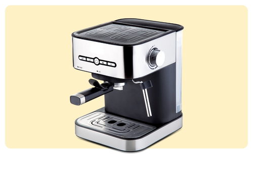 Compact stainless-steel espresso machine with portafilter and steam wand on pale yellow background