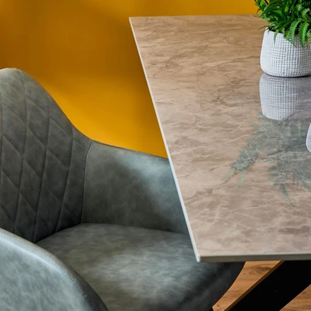 Tavolo da Pranzo, Top in Ceramica Effetto Marmorizzato, Gambe in Metallo Verniciato - Rettangolare 180x90x76 cm
