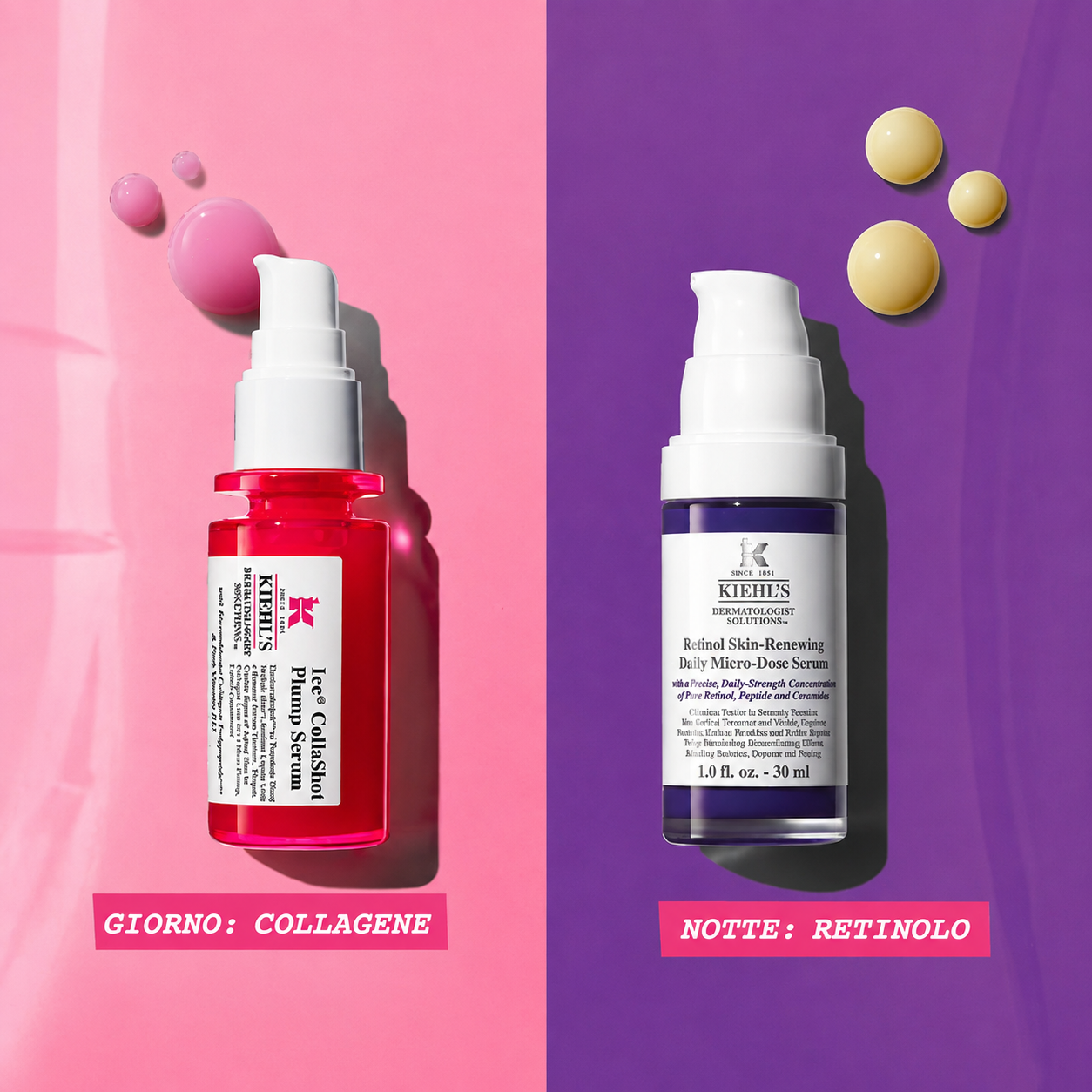 Siero Kiehl's Collashot per il giorno e siero Kiehl's Retinol per la notte