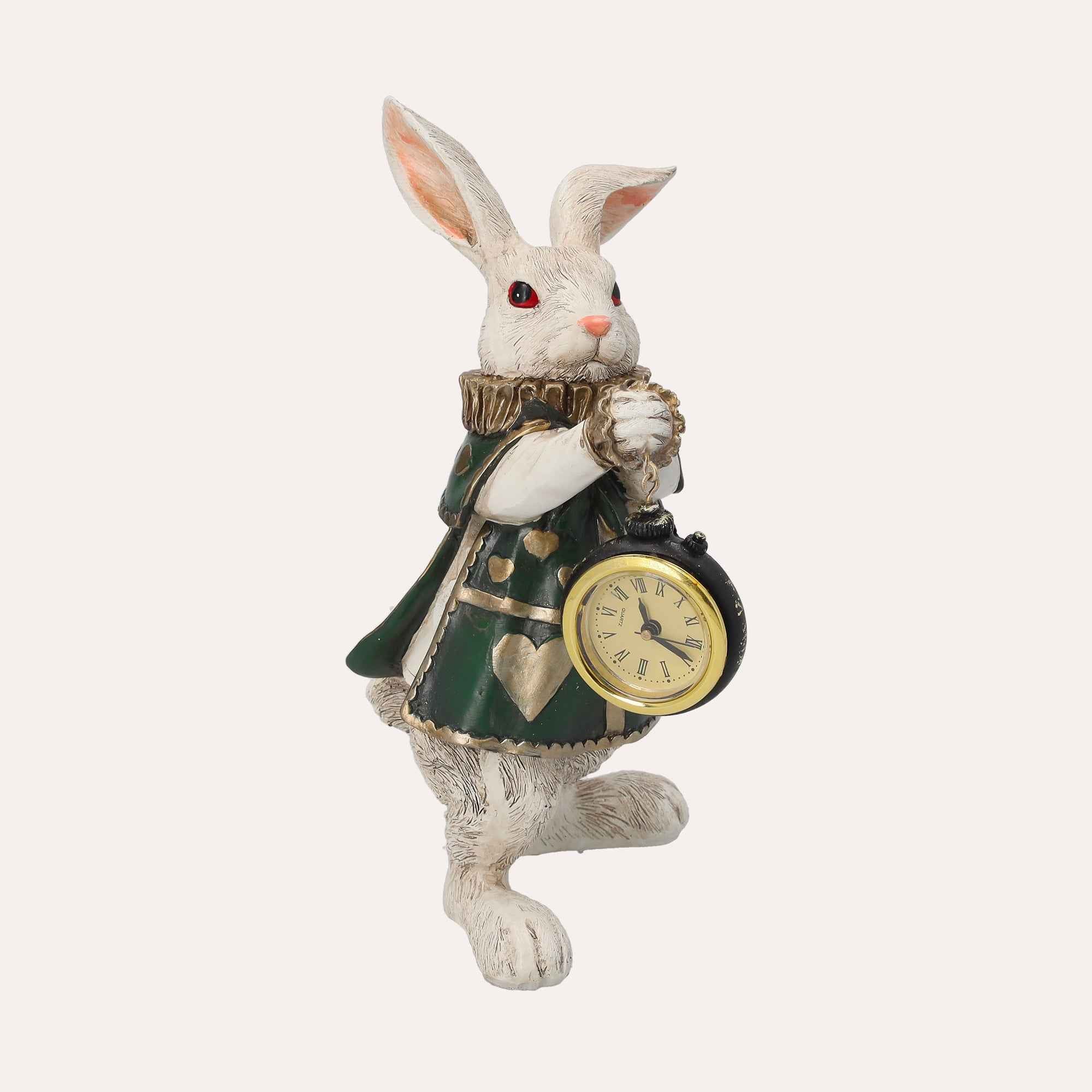 Image of Statuina Bianconiglio con Orologio in Resina Bianco/Verde H. 24 cm