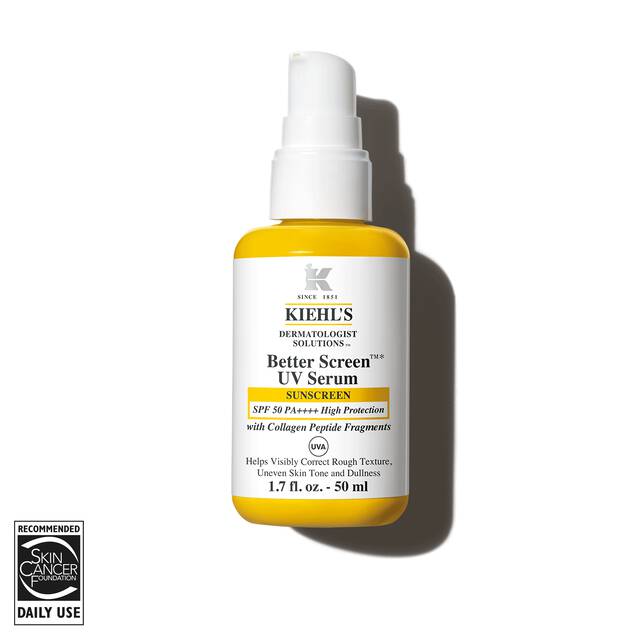 Flacone giallo Better Screen UV Serum KIEHL'S su sfondo bianco