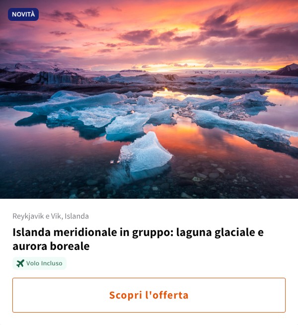 Islanda meridionale in gruppo: laguna glaciale e aurora boreale