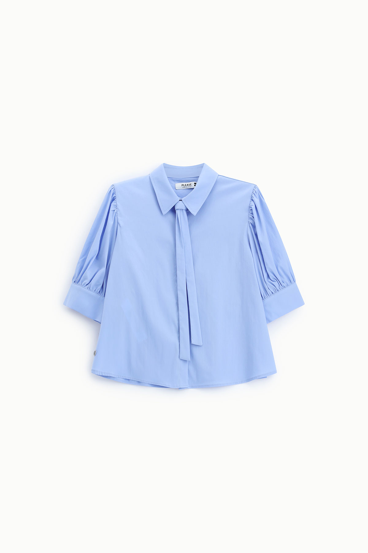 Light blue tie-neck blouse with short puff sleeves and buttoned cuffs, laid flat on a white background