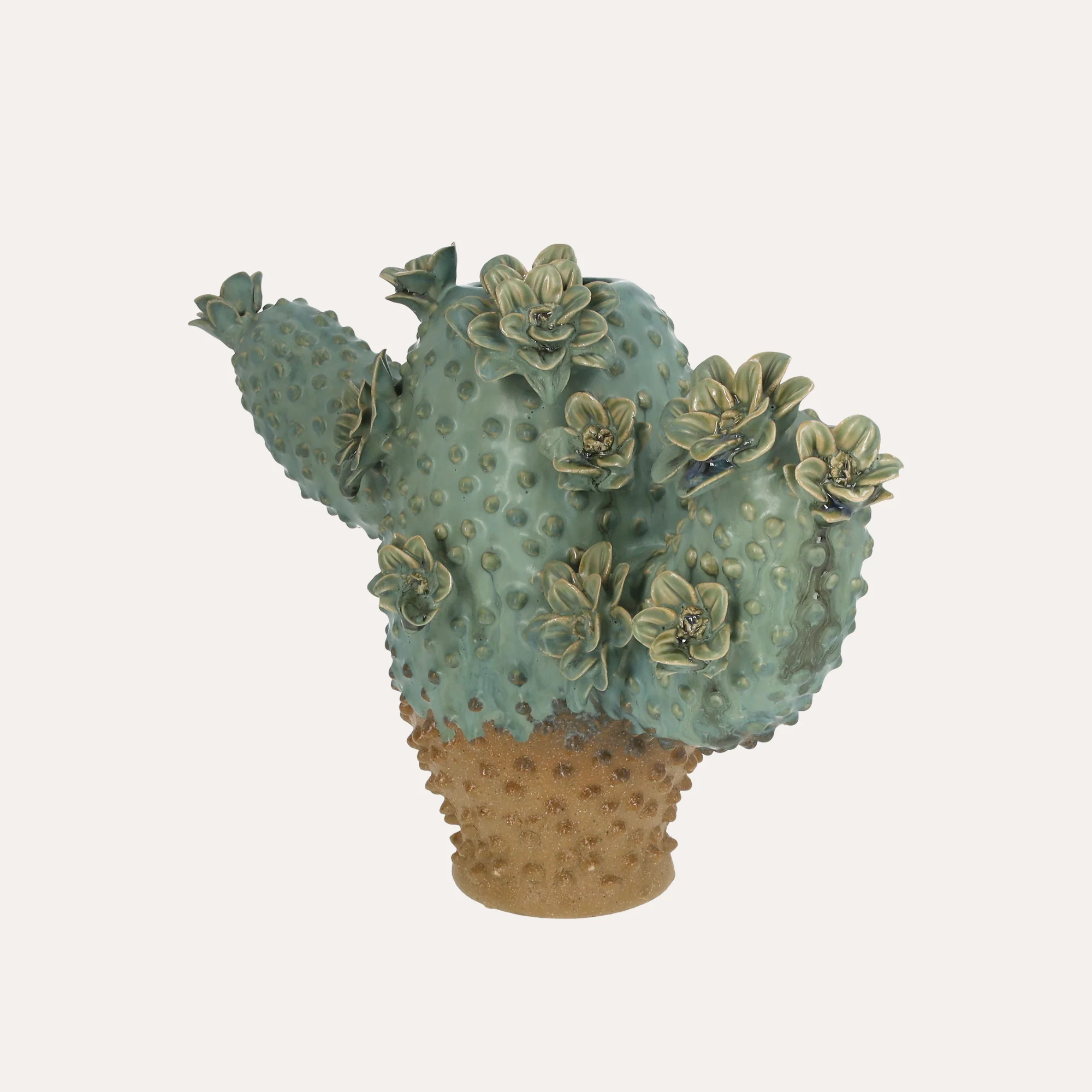 Image of Vaso Cactus in Ceramica Verde con Dettagli Floreali H.26×34×15,5 cm