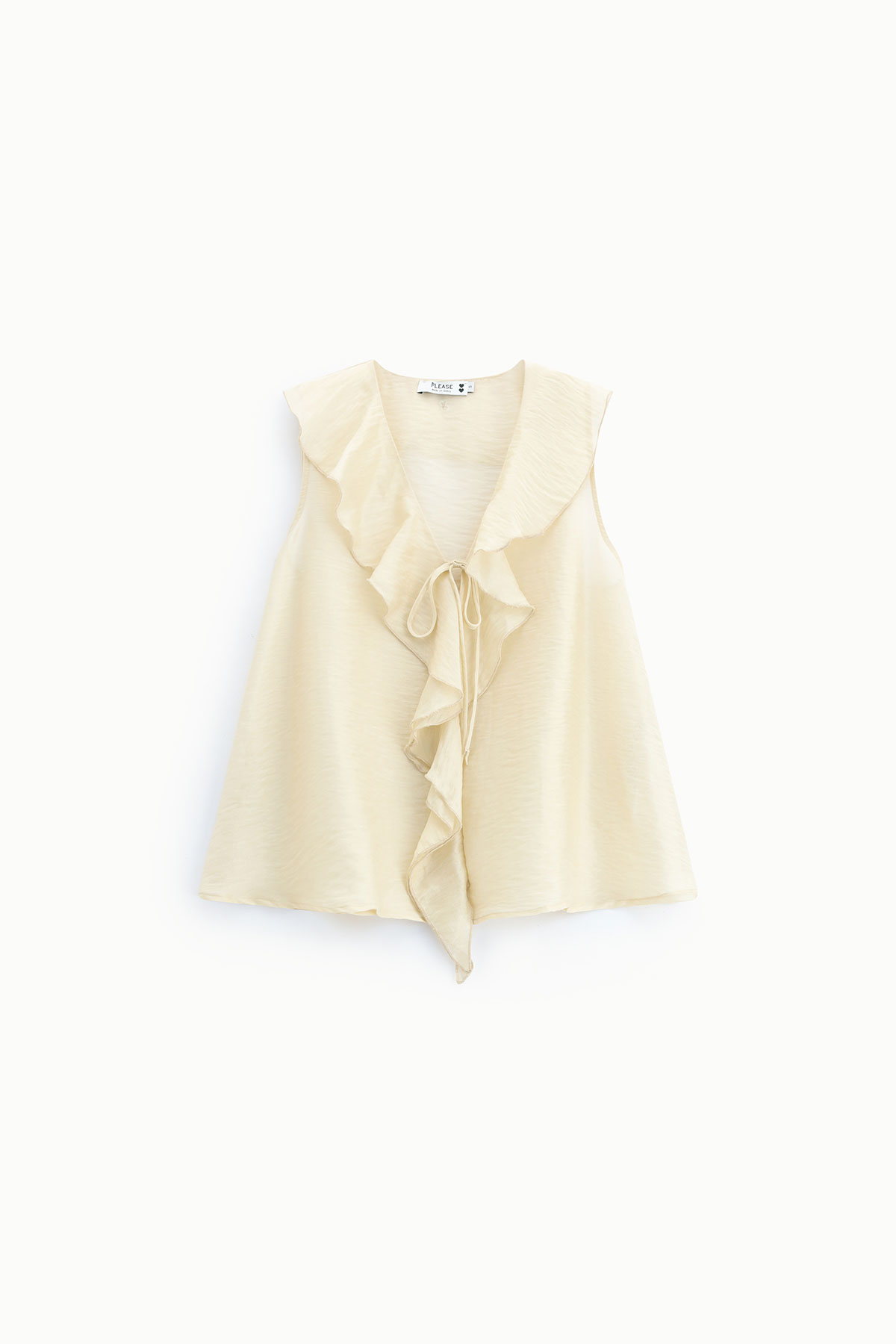 Cream sleeveless ruffle-front blouse with V-neck and tie detail on white background