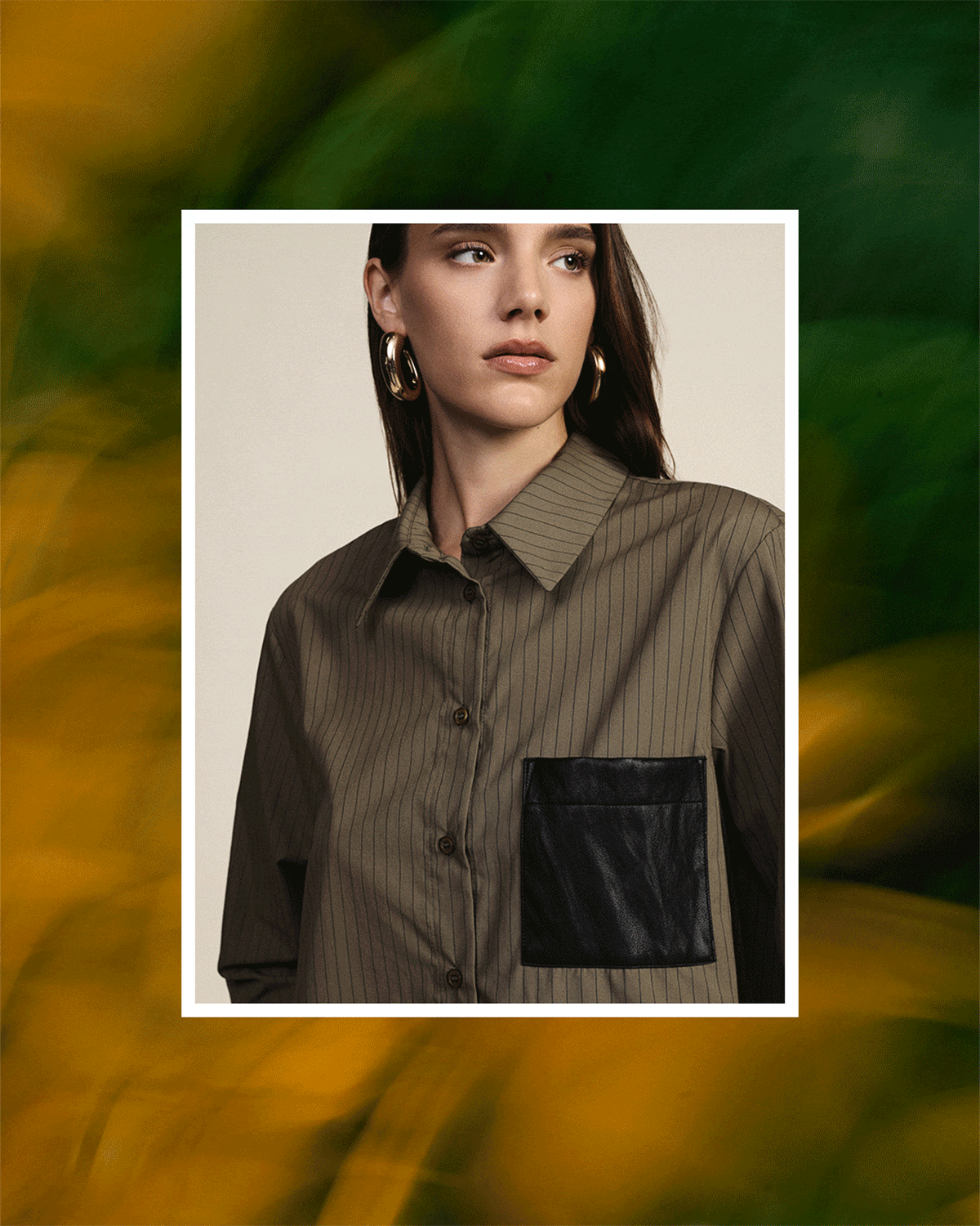 Three framed fashion photos showing women modelling: top-left in an olive button‑up shirt with black pocket, top-right in a purple floral tiered dress, bottom-left in a blue striped button‑down shirt