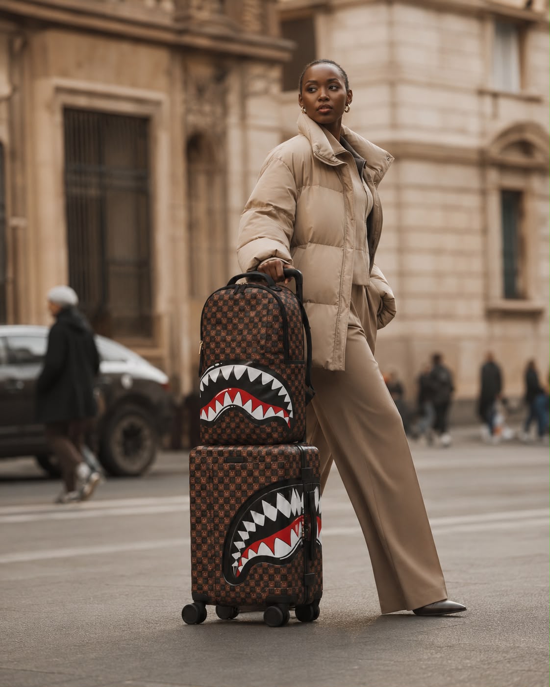 SPRAYGROUND Trolley SHARK MOUTH check marrone/nero per uomo, donna e bambino con logo iconico del brand