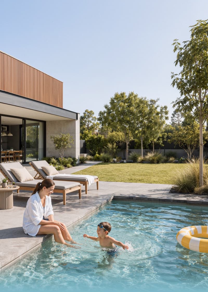 mother and child having fun in the pool