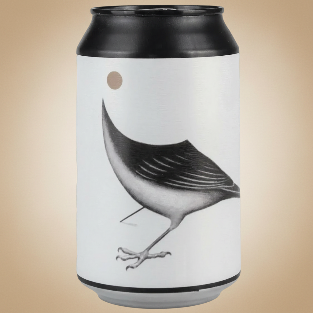 A can with a black top and a white label featuring a drawing of a bird.