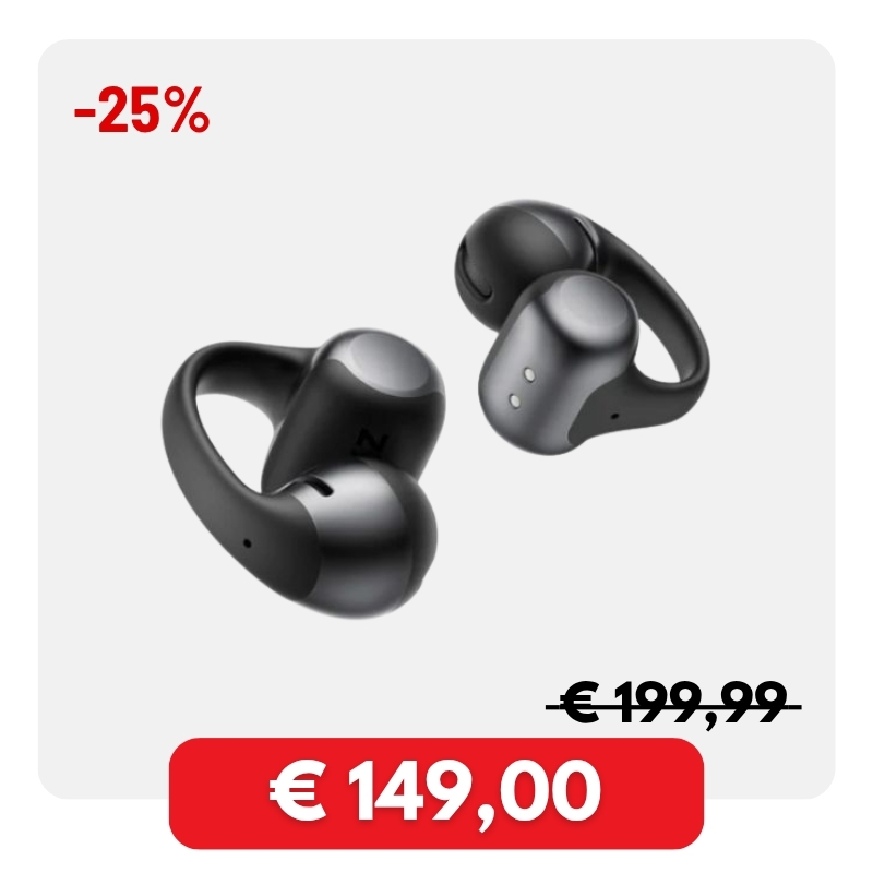Black wireless sports earbuds with ear hooks displayed on white background, 25% discount badge and reduced price label