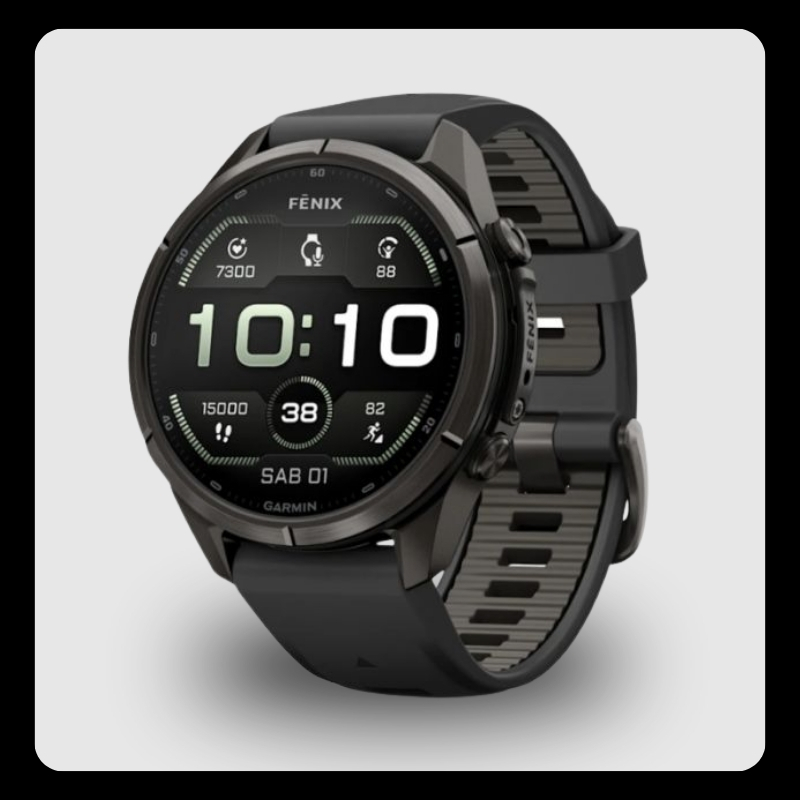Garmin Fēnix multisport GPS smartwatch with round black face showing 10:10 and fitness metrics, dark grey case and silicone strap