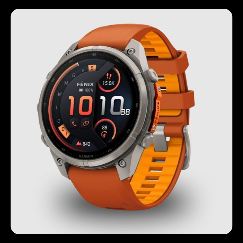 Garmin Fenix 7 smartwatch with silver titanium bezel and orange dual-layer silicone strap showing digital activity display