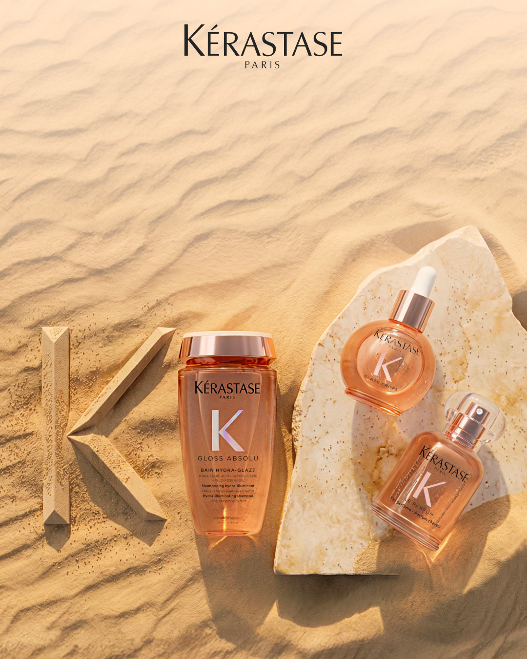 La linea Gloss Absolu con il Bain Hydra-Glaze, l&rsquo;Huile Glaze Drops e il Parfum.
