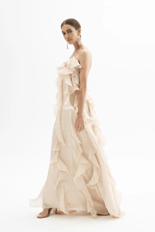 Abito lungo vaniglia satin con balze - YES SHOPAbitiACTUALEEAB004113-IT 34