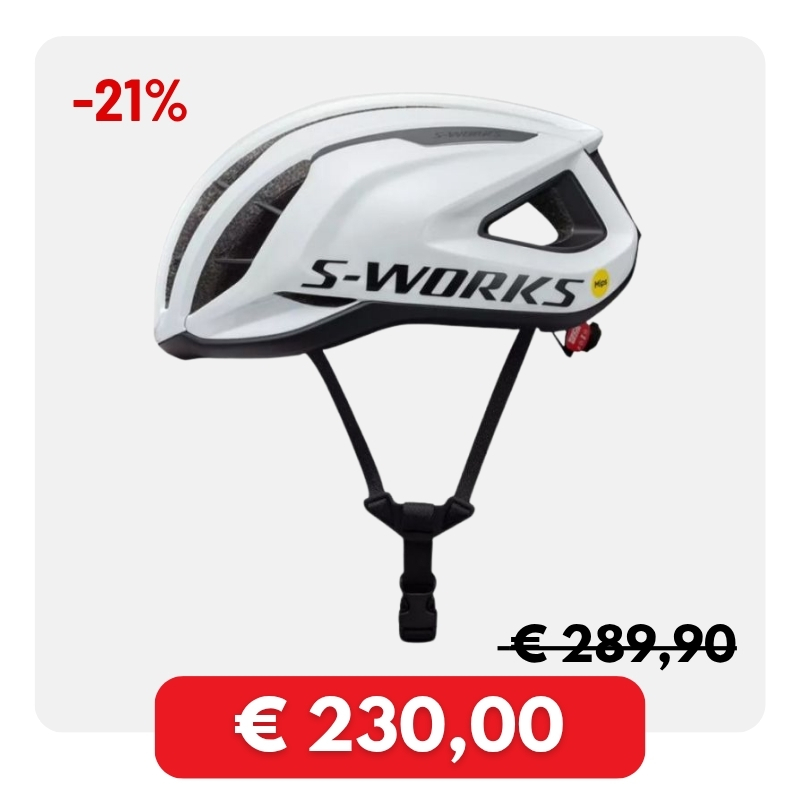 White S-Works road cycling helmet with black straps and Mips logo, displayed with 21% discount and sale price €230