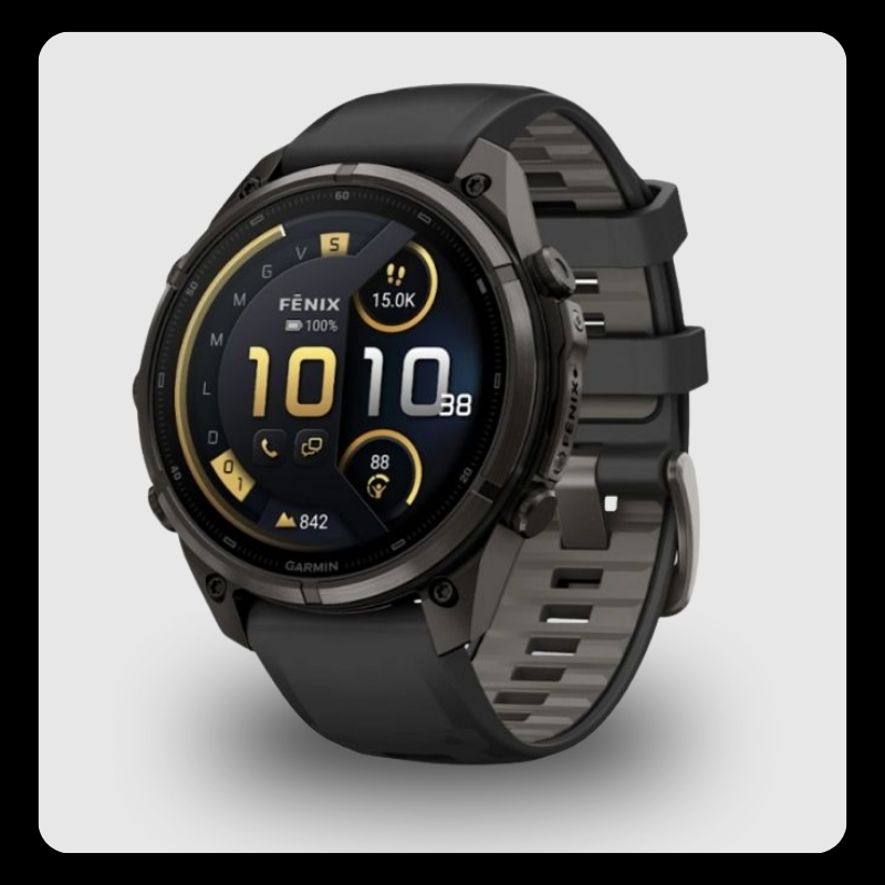 Black Garmin Fenix GPS multisport smartwatch with round colour display, black silicone strap and fitness metrics on screen