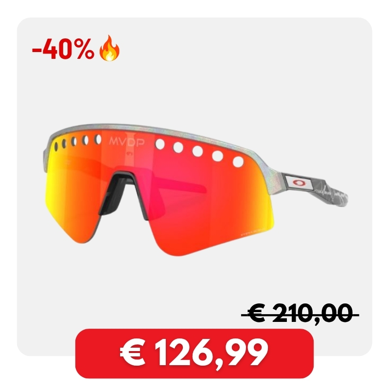 Red-orange mirrored sports cycling sunglasses with top ventilation holes and grey patterned frame, sale price €126,99