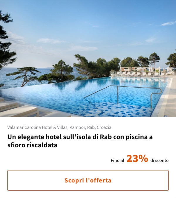 Un elegante hotel sull'isola di Rab con piscina a sfioro riscaldata