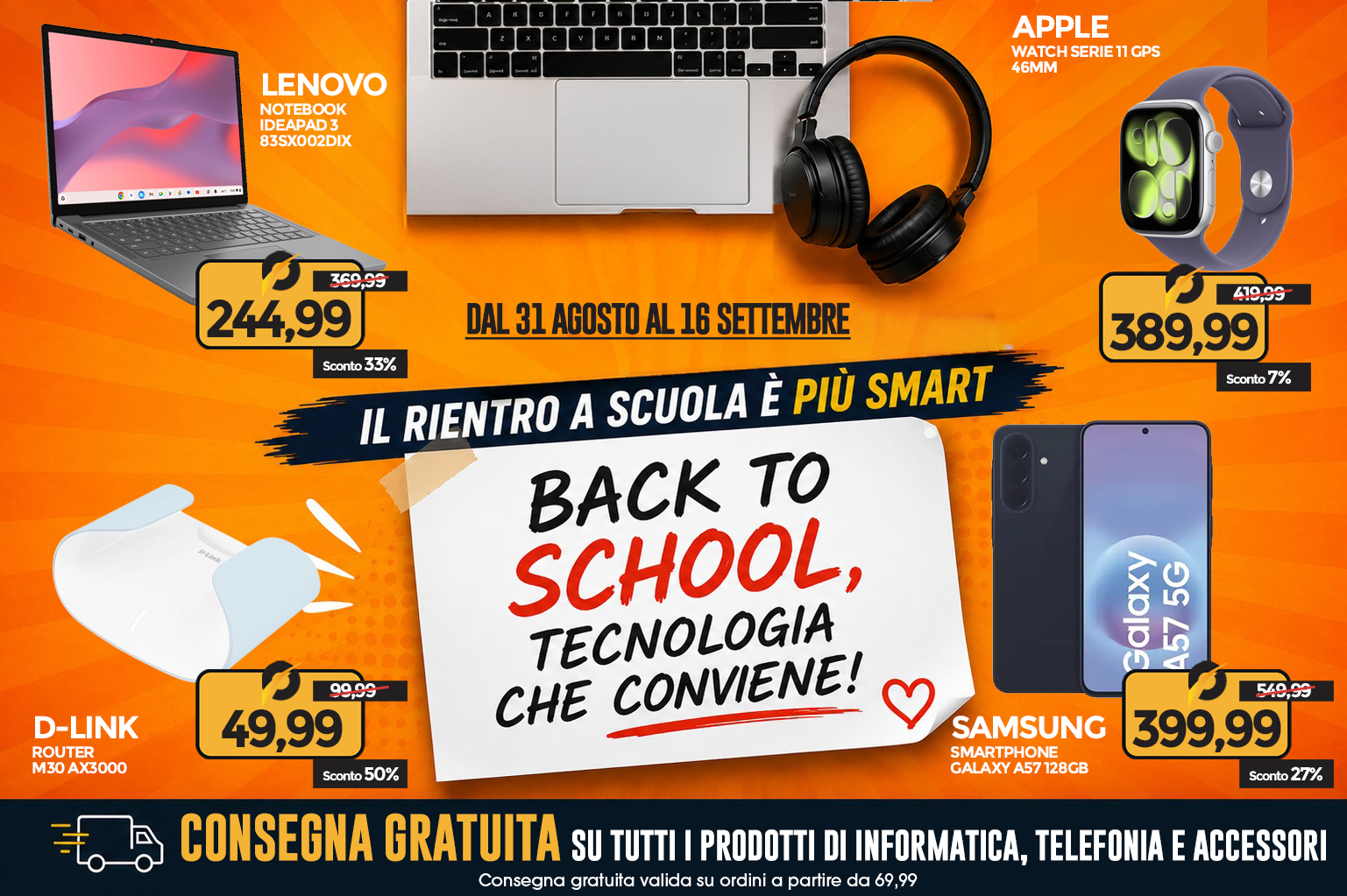 Bright orange back-to-school technology sale banner showing laptop, headphones, smartwatch, smartphone and router with prices