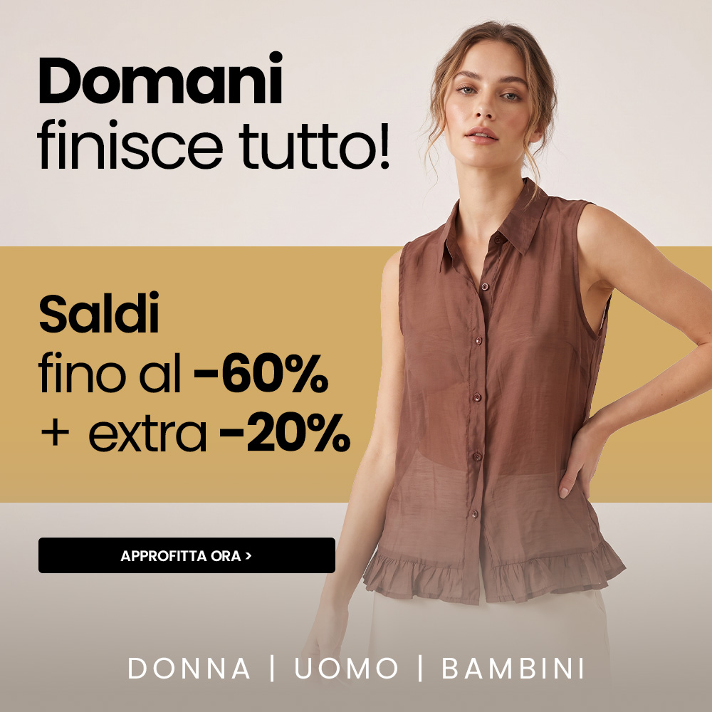 Woman modelling sleeveless brown blouse beside sale banner advertising up to 60% off plus extra 20% with shop now button