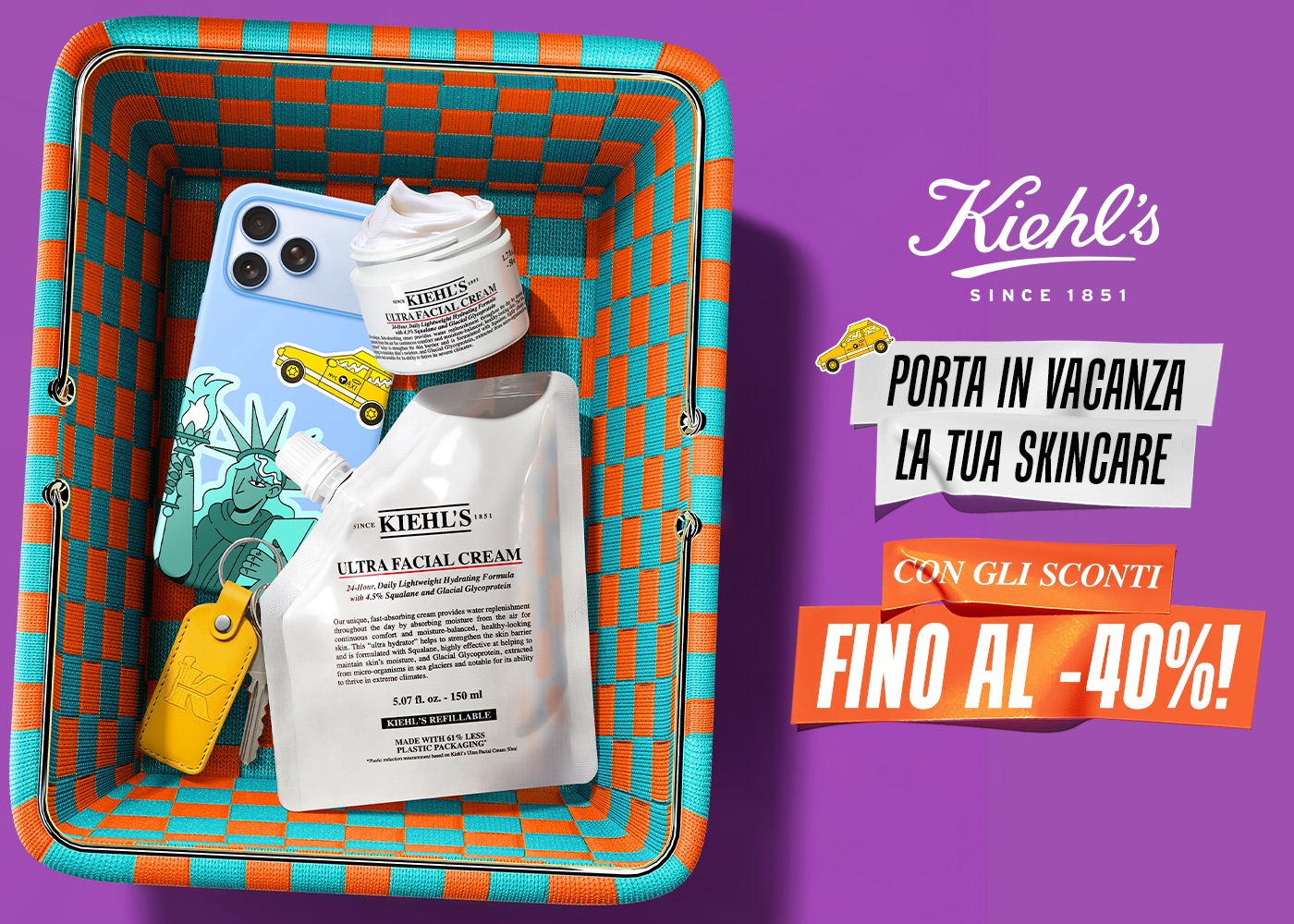 Promo Kiehl's "Porta in vacanza la tua skincare" con sconti fino al -40% e prodotti nel cestino.