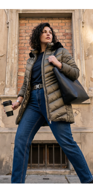 Giacca trapuntata alla moda con cappuccio per giorni freschi