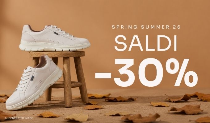 Beige sneakers on a wooden stool surrounded by autumn leaves with 'Saldi -30%' spring/summer sale text
