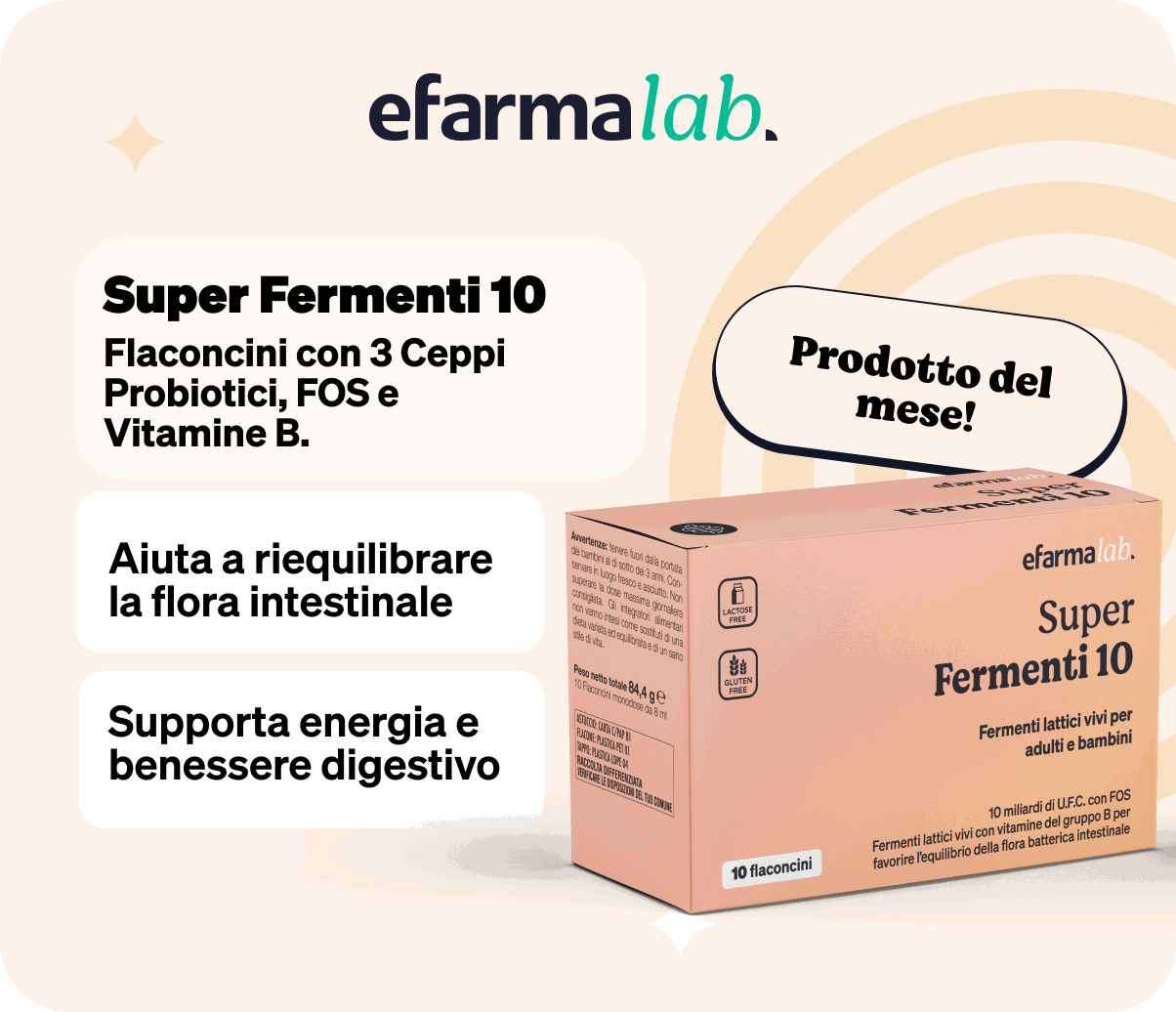 Box of efarmalab Super Fermenti 10 probiotic sachets — supports gut flora balance, energy and digestive wellbeing; 'Product of the Month'