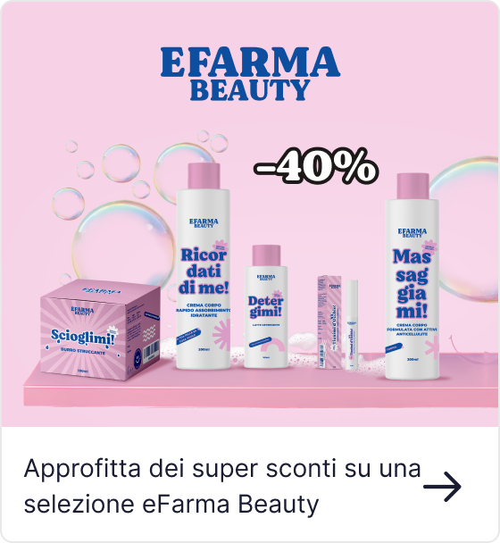 eFarma Beauty skincare range on pink background with bubbles and -40% discount tag, assorted creams, cleansers and soaps